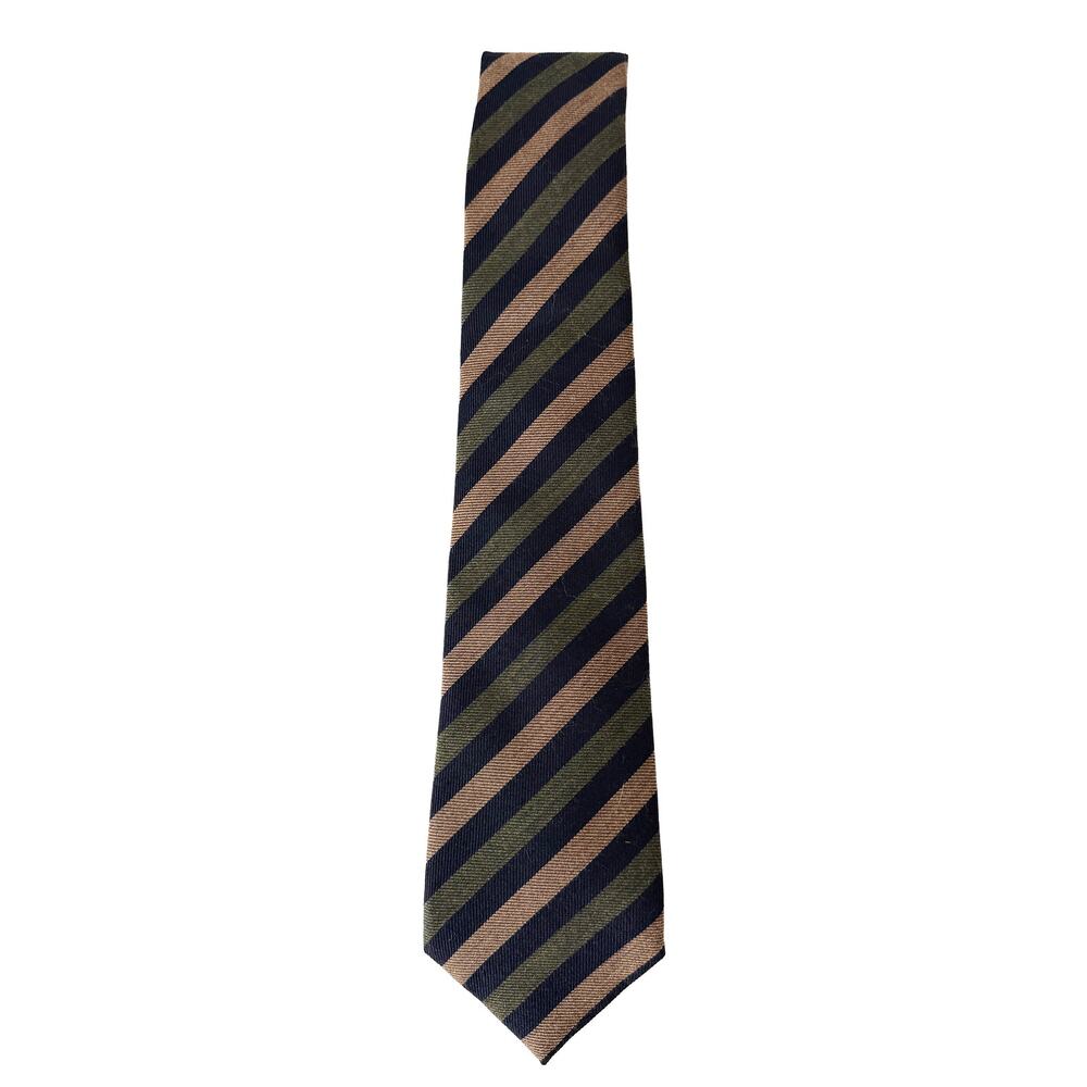 Isaia Napoli Men's Handmade 7‎ Fold Wool Blend Brown Green Striped Tie Designer